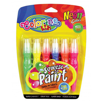 Жидкие краски Colorino в пластиковой тубе с большой кисточкой, 6 неоновых цветов